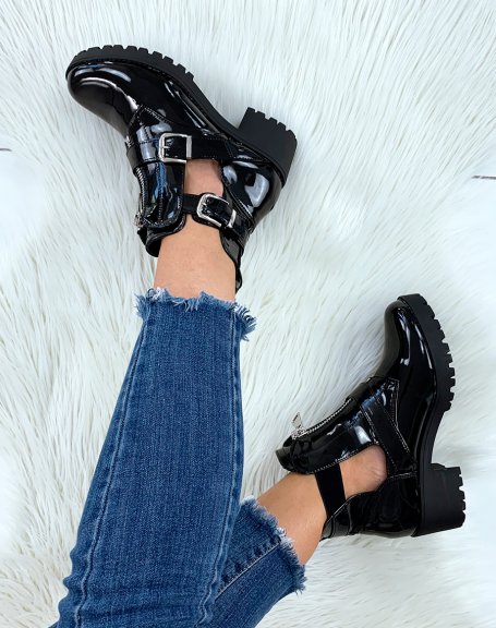 Black patent open ankle boots with double straps