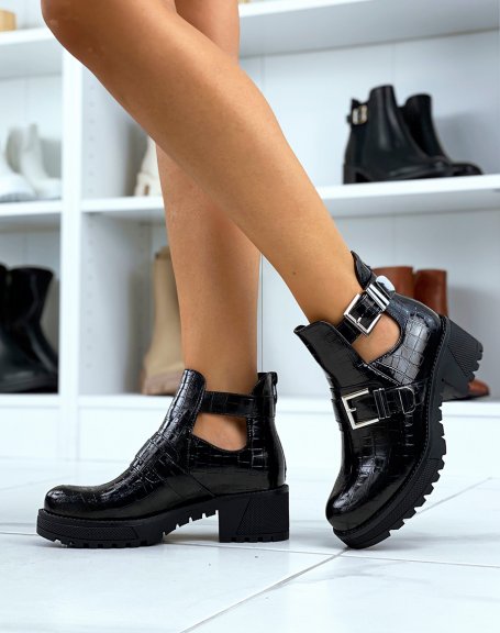 Black patent open croc-effect ankle boots with large buckles