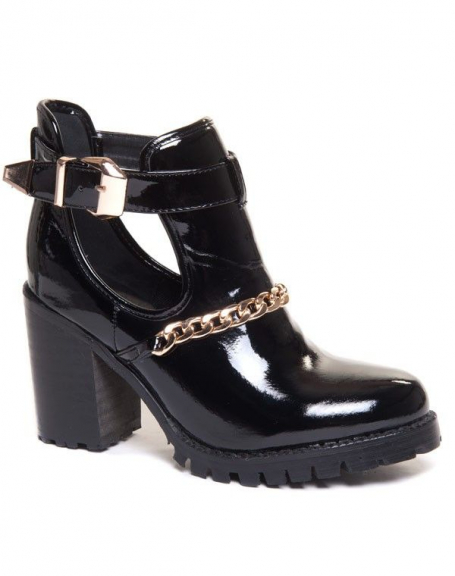 Black patent openwork ankle boot with gold chain