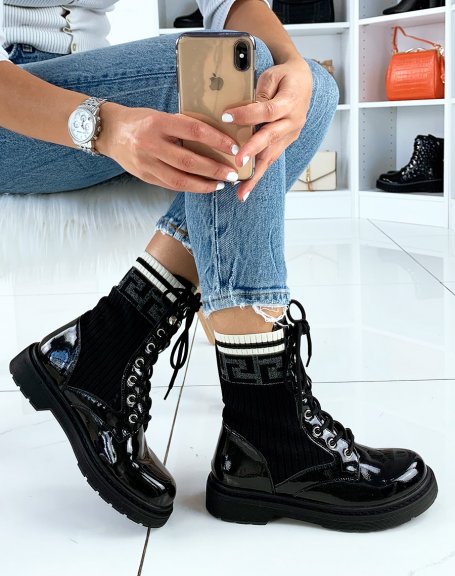 Black patent sock-effect ankle boots with Aztec prints