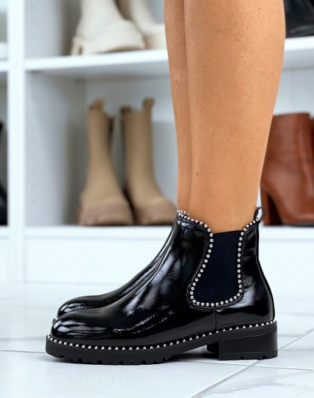 Black patent studded Chelsea boots