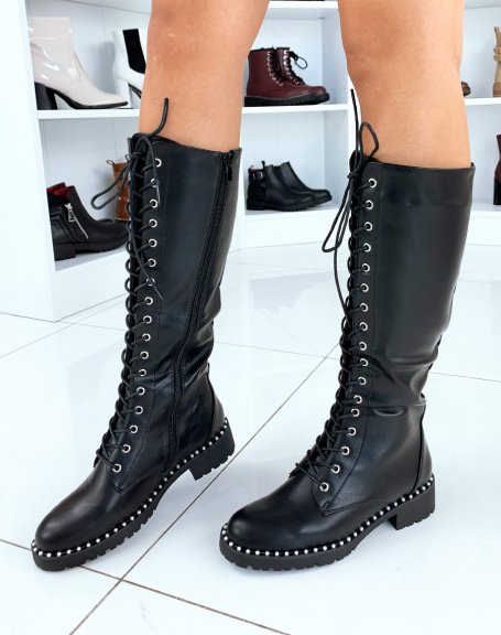 Black Pearl Lace Up Knee High Boots