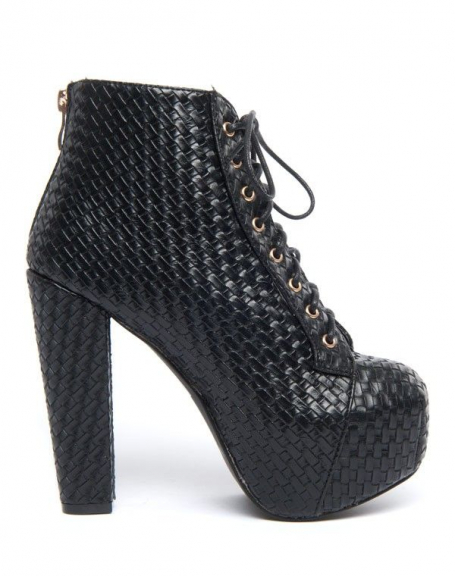 Black platform ankle boots with braided effect high heels