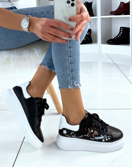 Black platform sneakers with embroidery
