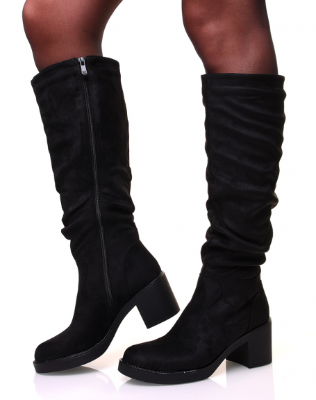Black pleated suedette boots