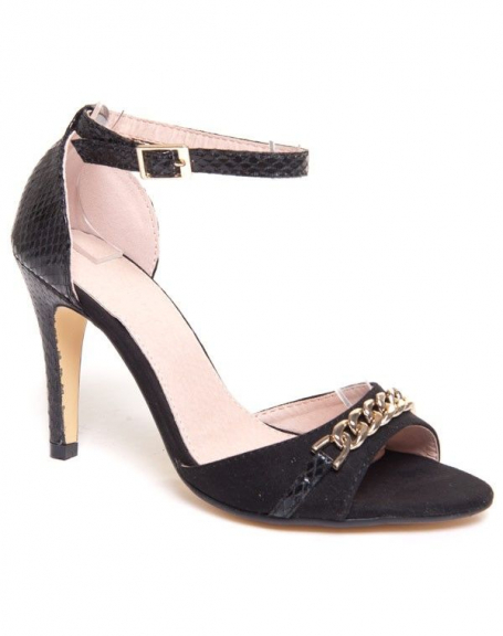 Black pumps with gold chain and snakeskin effects