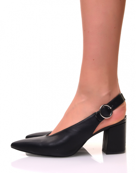 Black pumps with small heels open at the back