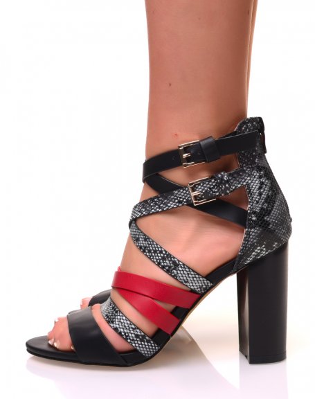 Black python effect multi-strap heeled sandals