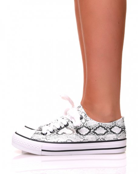 Black python patent sneakers with white laces