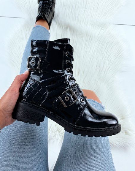 Black quilted patent ankle boots with croc-effect straps