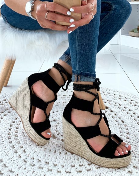 Black rope wedge sandals with lace on ankle