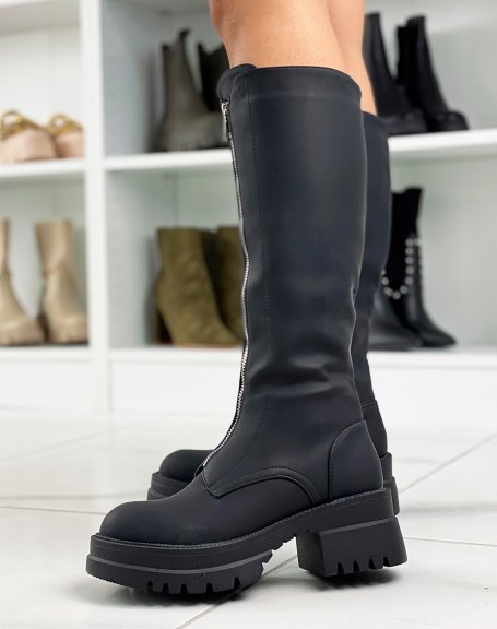 Black rubber boots with long silver zip heel