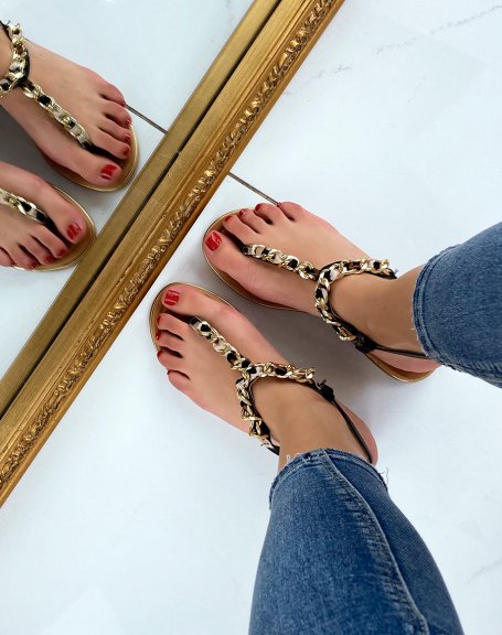 Black sandals with leopard fabrics and golden chain