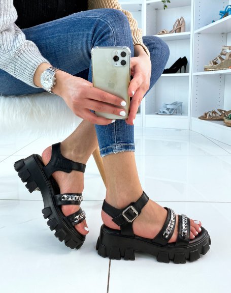 Black sandals with lug sole and silver detail