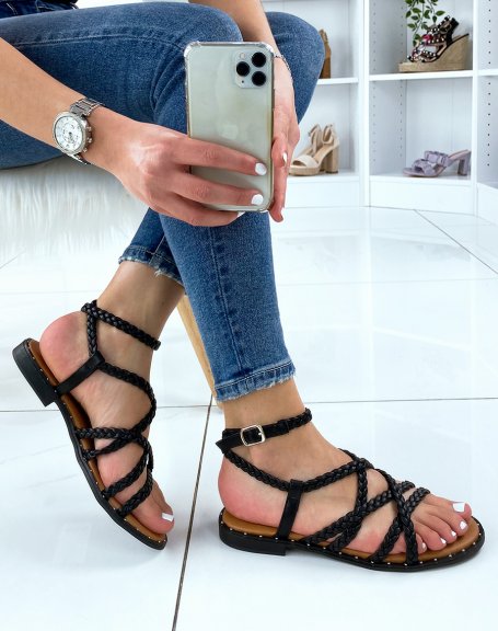 Black sandals with multiple braided straps