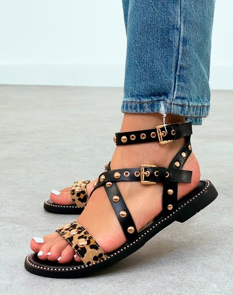 Black sandals with studs and leopard strap
