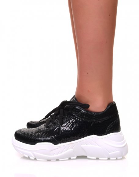 Black Sequin Chunky-Sole Sneakers