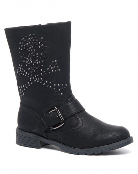Black skull studded boot, buckle and zipper