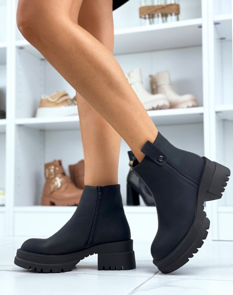 Black smooth ankle boots with chunky heel