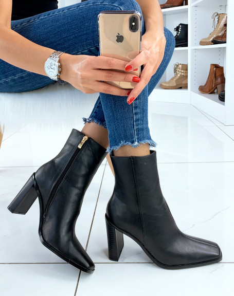 Black square toe heeled ankle boots