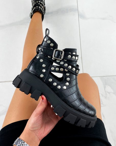 Black studded crocodile ankle boots