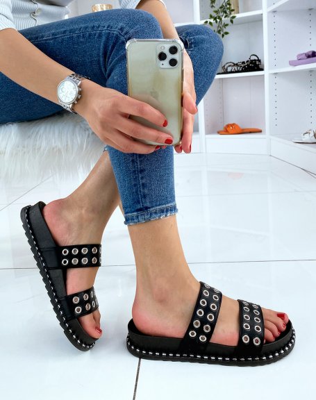 Black studded double strap sandals