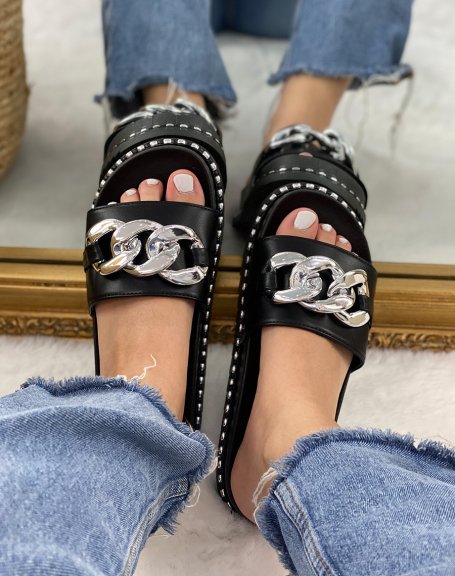 Black studded mules with silver chain
