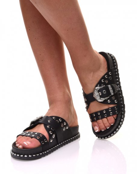 Black studded sandals with engraved buckles