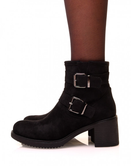 Black suede block heel ankle boots with straps