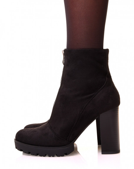 Black suede effect ankle boot with zipper at the front