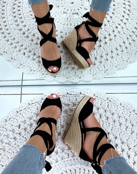 Black suede wedges with crisscrossed laces