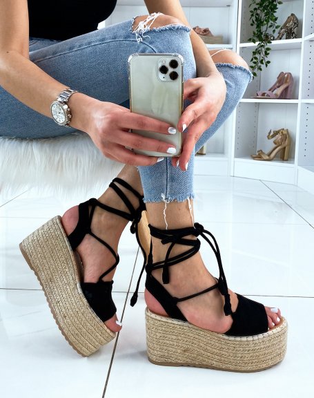 Black suede wedges with long strap