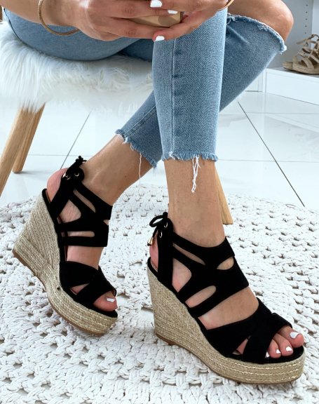 Black suede wedges with multiple straps
