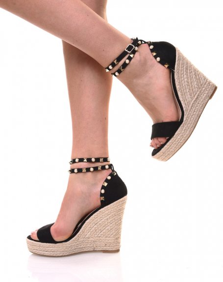 Black suede wedges with studded strap
