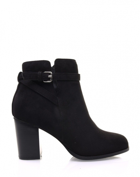 Black suedette ankle boots with decorative strap