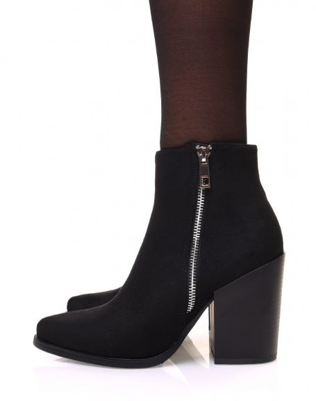 Black suedette ankle boots with pointed toe and chunky heel