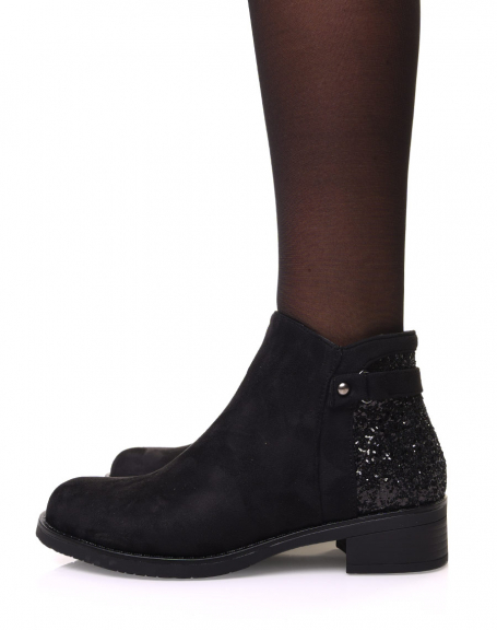 Black suedette ankle boots with sequins at the back