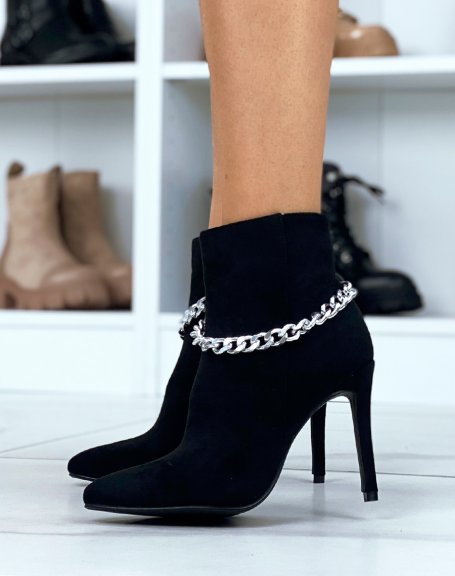 Black suedette ankle boots with stiletto heel and silver chain