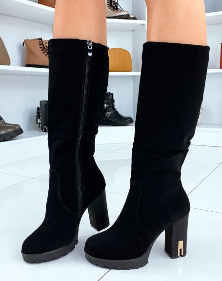 Black suedette heeled boots with gold detail