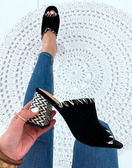 Black suedette heeled mules with decorative details