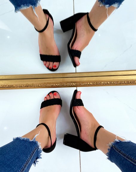 Black suedette heeled sandals with braided strap