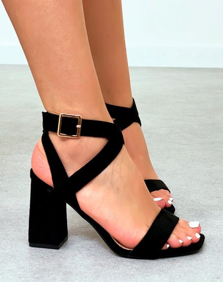 Black suedette heeled sandals with criss-cross straps