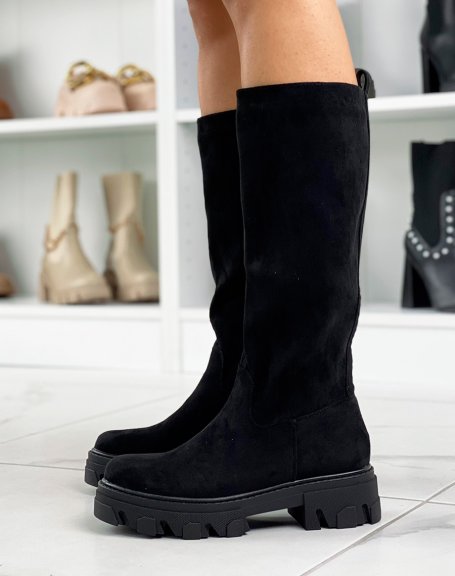 Black suedette high boots with chunky lug sole