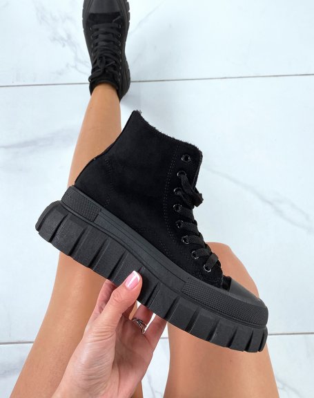 Black suedette high-top sneakers with chunky sole