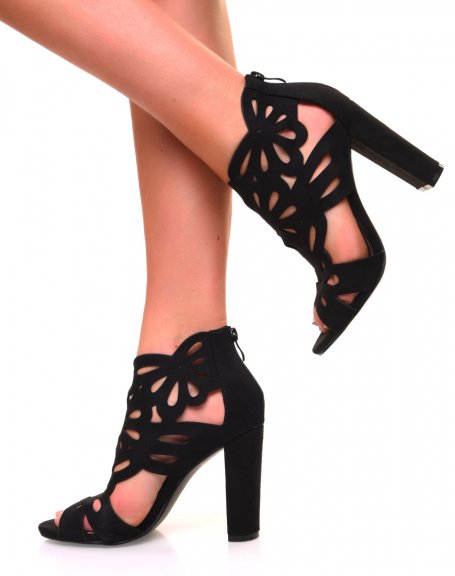 Black suedette openwork heeled sandals