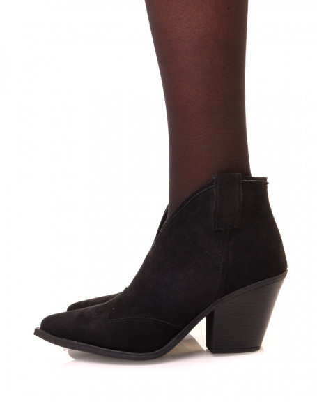 Black suedette pointed toe and beveled heel ankle boots