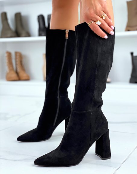 Black suedette pointed toe heel boots