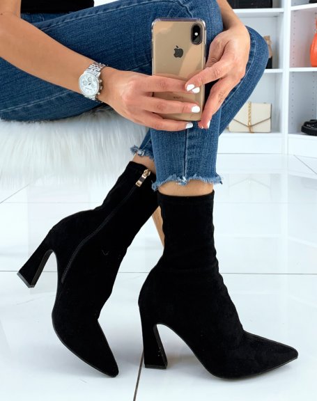 Black suedette pointed toe heeled ankle boots