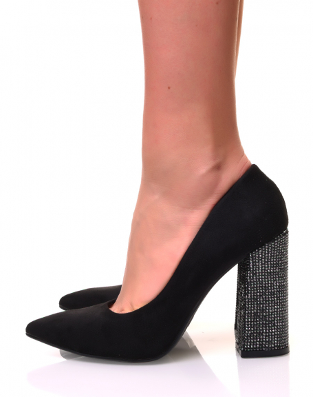 Black suedette pumps with square rhinestone heels