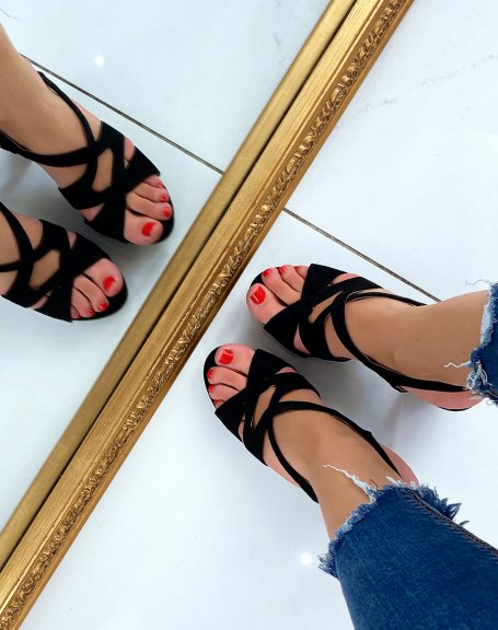 Black suedette sandals with chunky heel and small platform